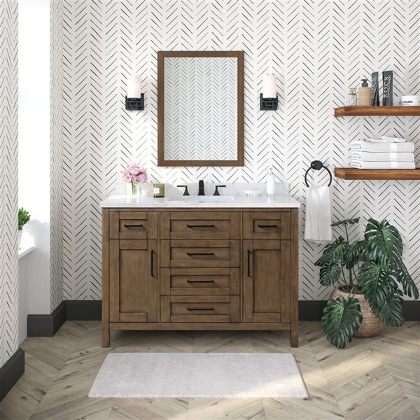 Meuble-lavabo simple latté amande à plan en similimarbre blanc Tahoe d'OVE Decors 48 l. x 21 p. x 34 po h.