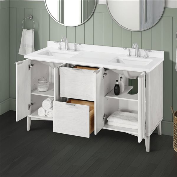 OVE Decors Gabi 60-in W x 22.1-in D x 34.5-in H Double Sink Bath Vanity in Washed White w/ White Engineered Marble Top