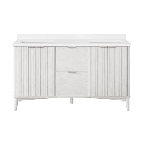 Meuble-lavabo double blanc délavé à plan en similimarbre blanc Gabi d'OVE Decors 60 l. x 22,1 p. x 34,5 po h.