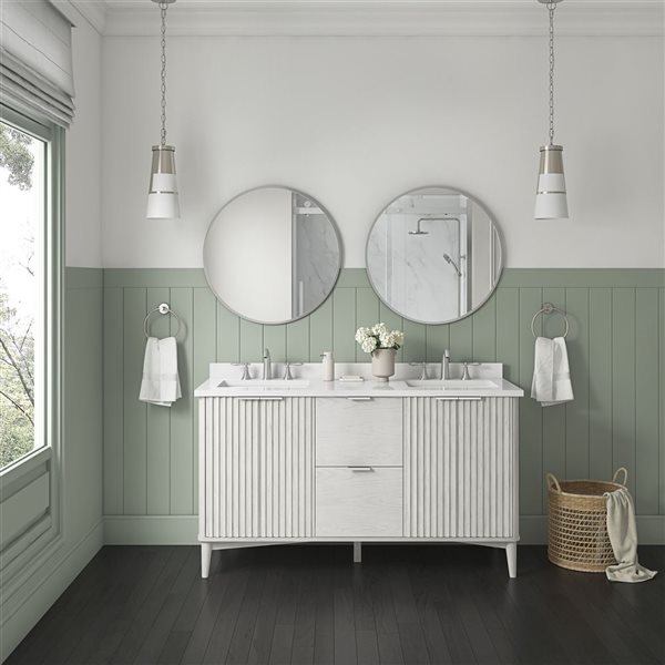 OVE Decors Gabi 60-in W x 22.1-in D x 34.5-in H Double Sink Bath Vanity in Washed White w/ White Engineered Marble Top