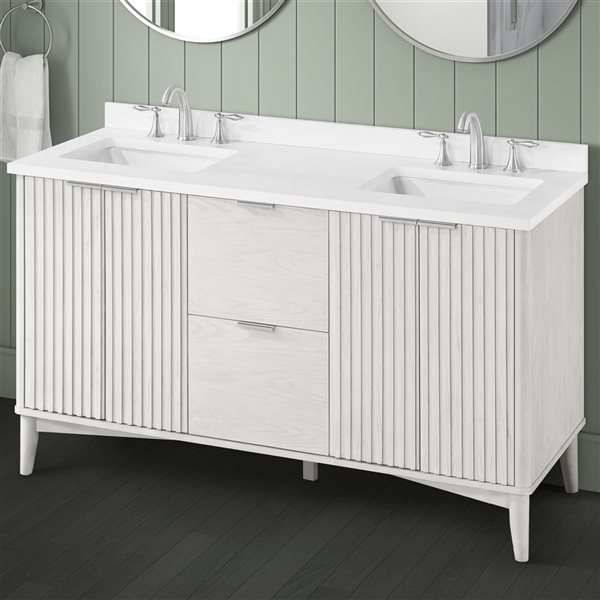 OVE Decors Gabi 60-in W x 22.1-in D x 34.5-in H Double Sink Bath Vanity in Washed White w/ White Engineered Marble Top