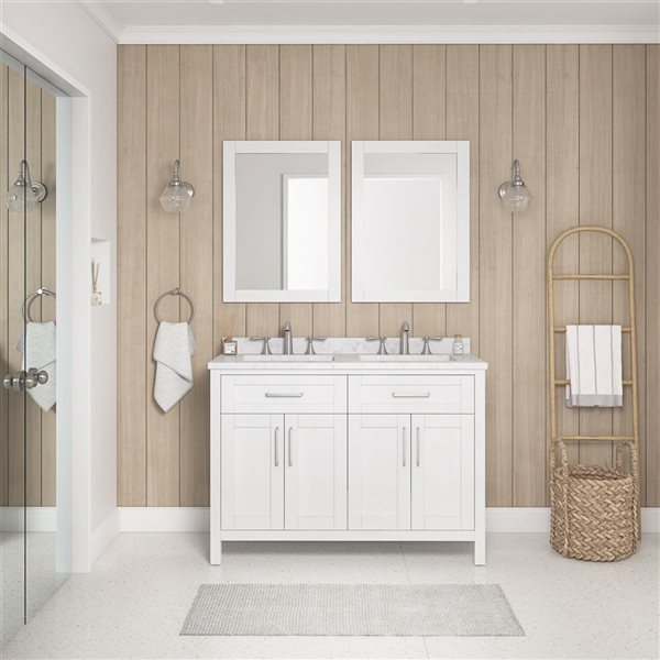 Meuble-lavabo double blanc pur à plan en similimarbre blanc Tahoe d'OVE Decors 48 l. x 21 p. x 35 po h.