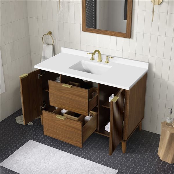 Meuble-lavabo simple noyer chaud à plan en similimarbre blanc Gabi d'OVE Decors 48 l. x 22 p. x 35 po h.