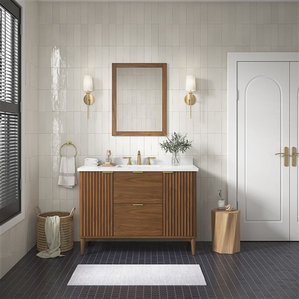 Meuble-lavabo simple noyer chaud à plan en similimarbre blanc Gabi d'OVE Decors 48 l. x 22 p. x 35 po h.