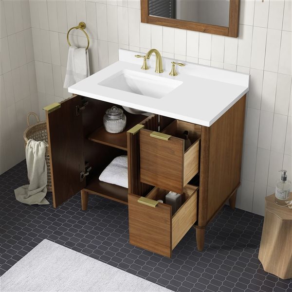 OVE Decors Gabi 36-in W x 22-in D x 35-in H Single Sink Bath Vanity in Warm Walnut w/ White Engineered Marble Top