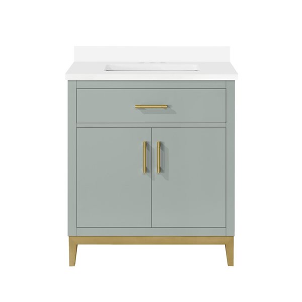 Meuble-lavabo vert sauge simple à plan en pierre d'ingénierie blanche Diya d'OVE Decors, 30 l. x 22 p. x 34 po h.