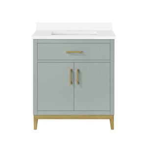 Meuble-lavabo vert sauge simple à plan en pierre d'ingénierie blanche Diya d'OVE Decors, 30 l. x 22 p. x 34 po h.