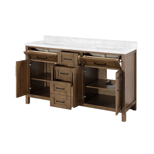 Meuble-lavabo double latté amande à plan en similimarbre blanc Tahoe d'OVE Decors 60 l. x 21 p. x 34 po h.