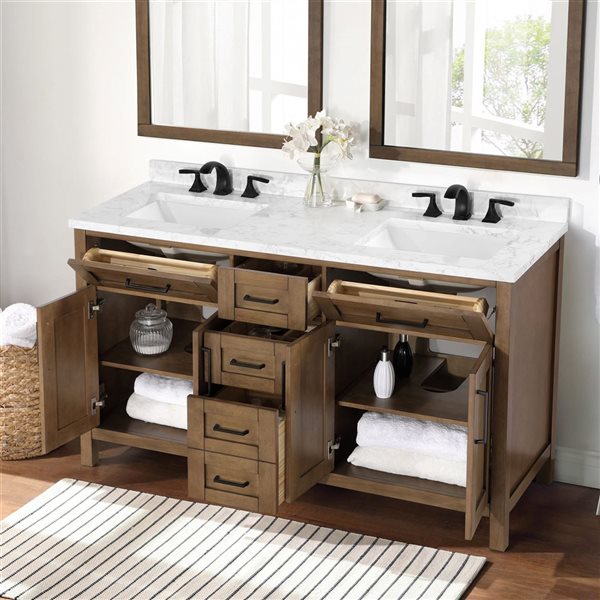 Meuble-lavabo double latté amande à plan en similimarbre blanc Tahoe d'OVE Decors 60 l. x 21 p. x 34 po h.