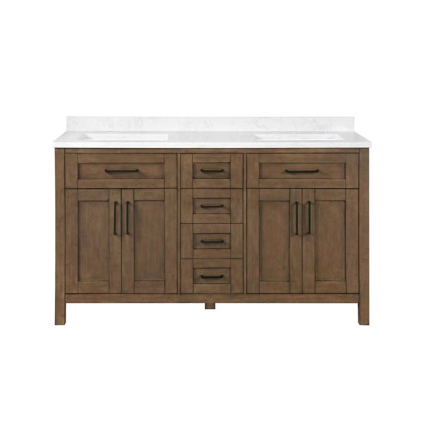 Meuble-lavabo double latté amande à plan en similimarbre blanc Tahoe d'OVE Decors 60 l. x 21 p. x 34 po h.