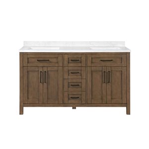 Meuble-lavabo double latté amande à plan en similimarbre blanc Tahoe d'OVE Decors 60 l. x 21 p. x 34 po h.