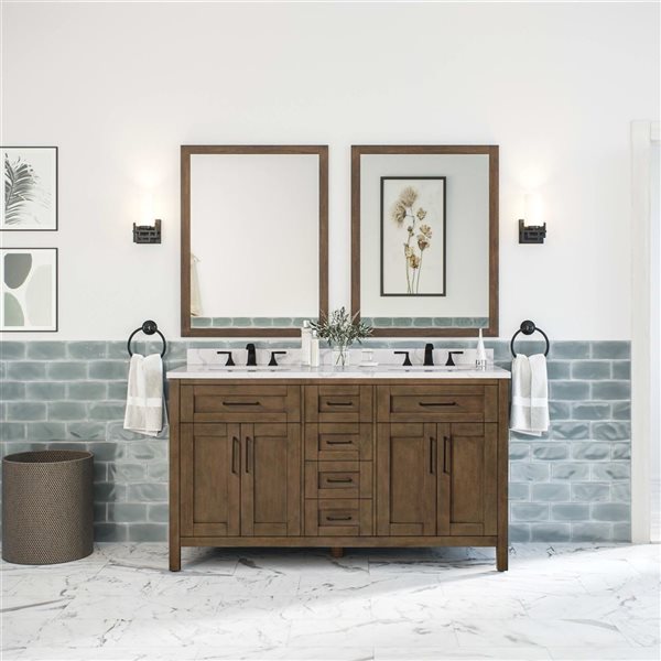 Meuble-lavabo double latté amande à plan en similimarbre blanc Tahoe d'OVE Decors 60 l. x 21 p. x 34 po h.