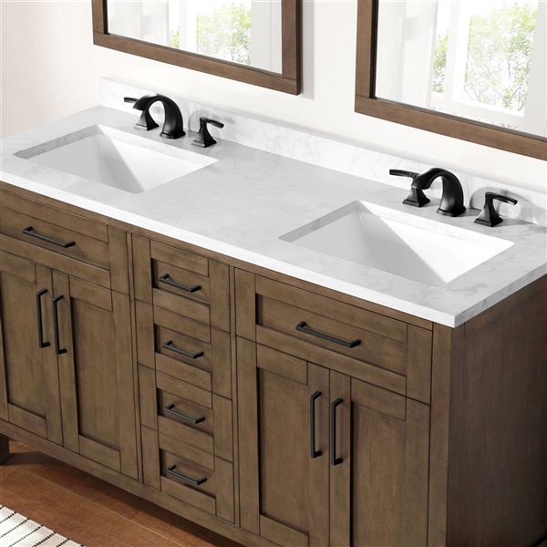 Meuble-lavabo double latté amande à plan en similimarbre blanc Tahoe d'OVE Decors 60 l. x 21 p. x 34 po h.