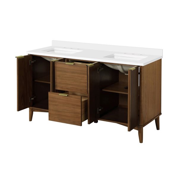 OVE Decors Gabi 60-in W x 22-in D x 35-in H Double Sink Bath Vanity in Warm Walnut w/ White Engineered Marble Top