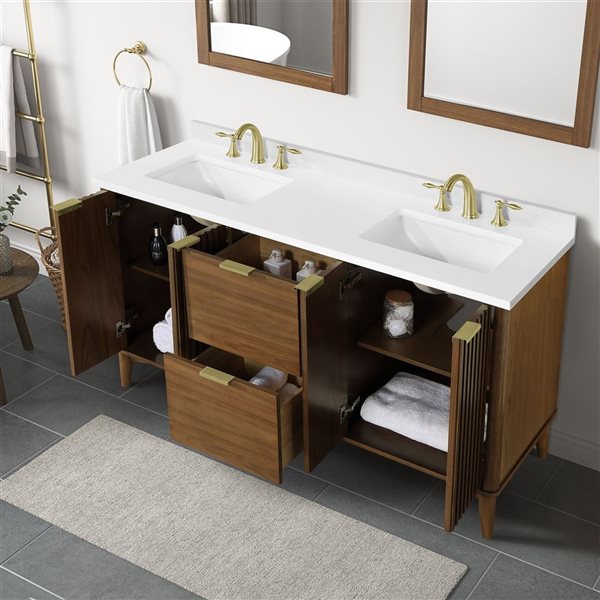 OVE Decors Gabi 60-in W x 22-in D x 35-in H Double Sink Bath Vanity in Warm Walnut w/ White Engineered Marble Top