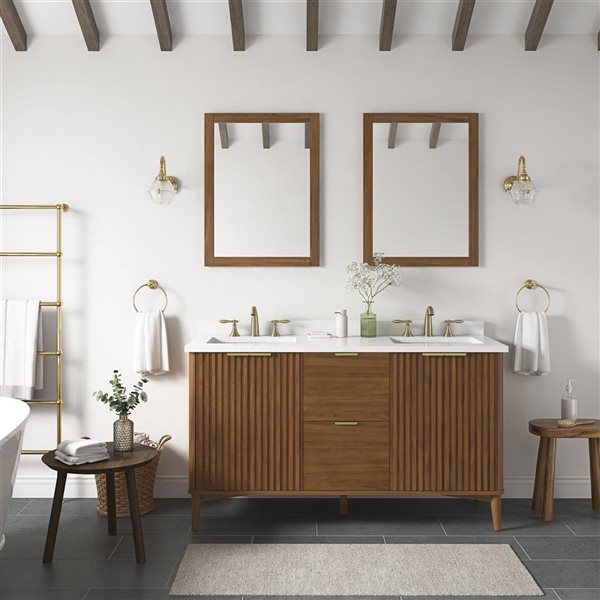 OVE Decors Gabi 60-in W x 22-in D x 35-in H Double Sink Bath Vanity in Warm Walnut w/ White Engineered Marble Top