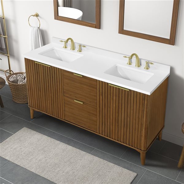 OVE Decors Gabi 60-in W x 22-in D x 35-in H Double Sink Bath Vanity in Warm Walnut w/ White Engineered Marble Top