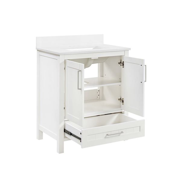 Meuble-lavabo blanc simple à plan en pierre d'ingénierie blanc Kansas d'OVE Decors, 30 l. x 19 p. x 34 po h.