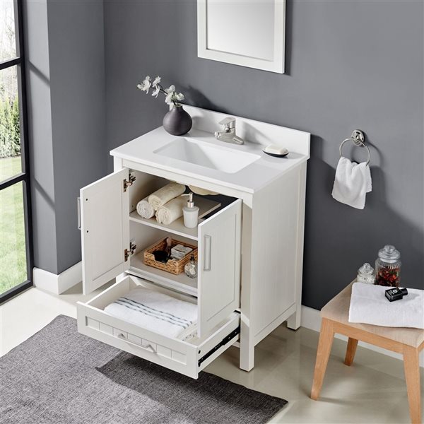 Meuble-lavabo blanc simple à plan en pierre d'ingénierie blanc Kansas d'OVE Decors, 30 l. x 19 p. x 34 po h.