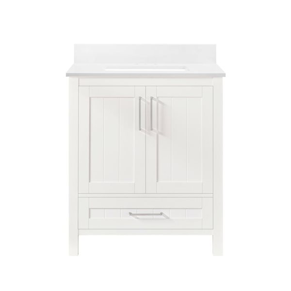 Meuble-lavabo blanc simple à plan en pierre d'ingénierie blanc Kansas d'OVE Decors, 30 l. x 19 p. x 34 po h.