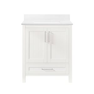 Meuble-lavabo blanc simple à plan en pierre d'ingénierie blanc Kansas d'OVE Decors, 30 l. x 19 p. x 34 po h.