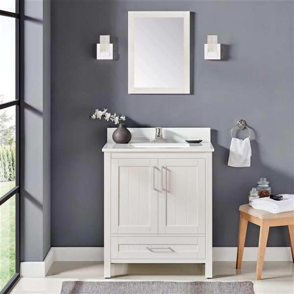 Meuble-lavabo blanc simple à plan en pierre d'ingénierie blanc Kansas d'OVE Decors, 30 l. x 19 p. x 34 po h.