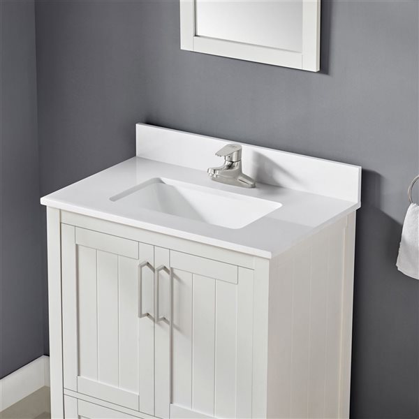 Meuble-lavabo blanc simple à plan en pierre d'ingénierie blanc Kansas d'OVE Decors, 30 l. x 19 p. x 34 po h.