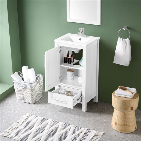 Meuble-lavabo blanc simple avec plan en céramique blanche Kansas par OVE Decors, 18 l. x 16 p. x 34 po h.