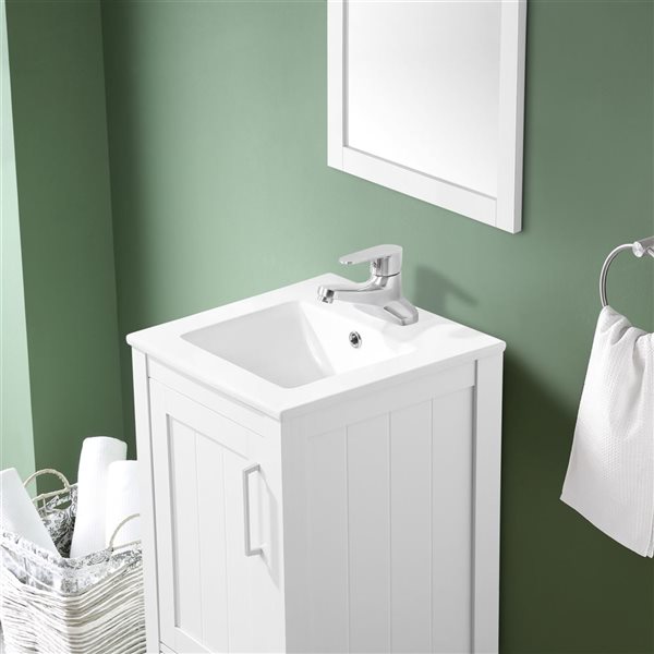 Meuble-lavabo blanc simple avec plan en céramique blanche Kansas par OVE Decors, 18 l. x 16 p. x 34 po h.