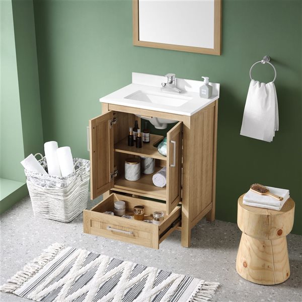 Meuble-lavabo chêne blanc simple à plan en pierre d'ingénierie blanc Kansas d'OVE Decors, 24 l. x 19 p. x 34 po h.