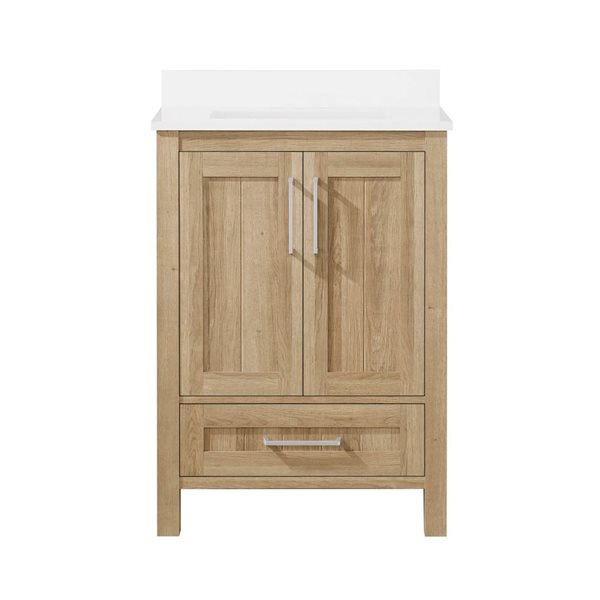 Meuble-lavabo chêne blanc simple à plan en pierre d'ingénierie blanc Kansas d'OVE Decors, 24 l. x 19 p. x 34 po h.