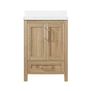 Meuble-lavabo chêne blanc simple à plan en pierre d'ingénierie blanc Kansas d'OVE Decors, 24 l. x 19 p. x 34 po h.