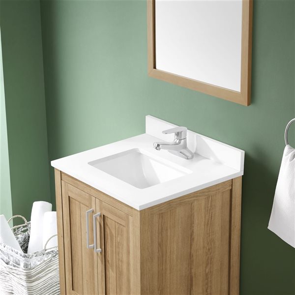 Meuble-lavabo chêne blanc simple à plan en pierre d'ingénierie blanc Kansas d'OVE Decors, 24 l. x 19 p. x 34 po h.