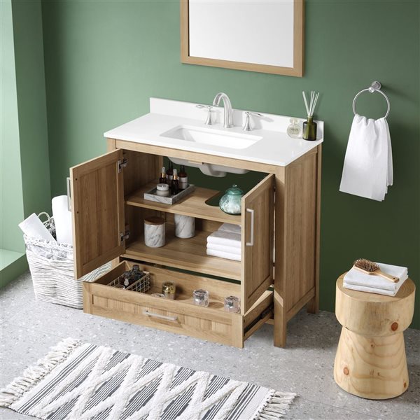 OVE Decors Kansas 36-in W x 19-in D x 34-in H Single Sink Bath Vanity in White Oak w/White Engineered Stone Top