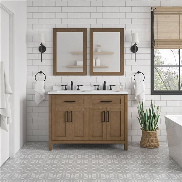 OVE Decors Tahoe Duo 48-in W x 21-in D x 35-in H Double Sink Bath Vanity in Almond Latte w/ White Engineered Marble Top