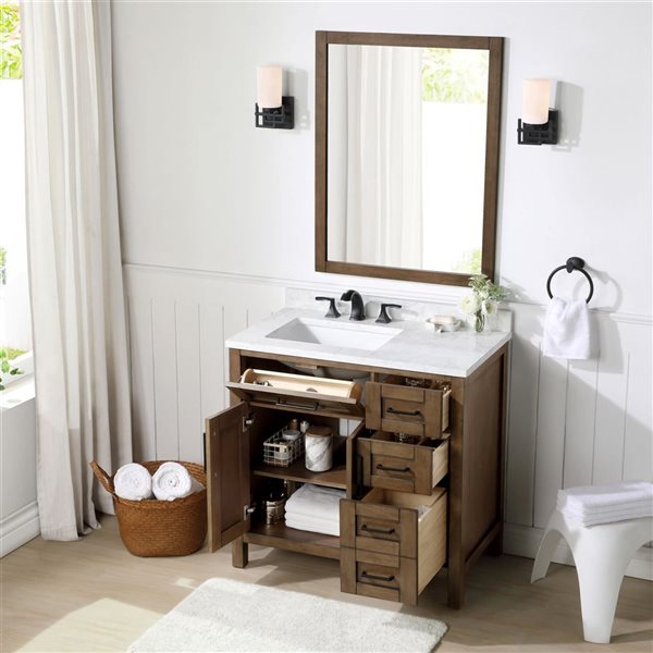 Meuble-lavabo simple latté amande à plan en similimarbre blanc Tahoe d'OVE Decors 36 l. x 21 p. x 34 po h.