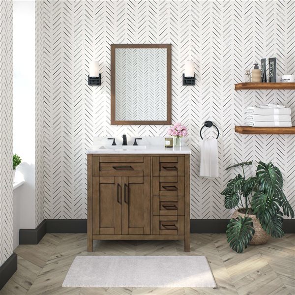 Meuble-lavabo simple latté amande à plan en similimarbre blanc Tahoe d'OVE Decors 36 l. x 21 p. x 34 po h.