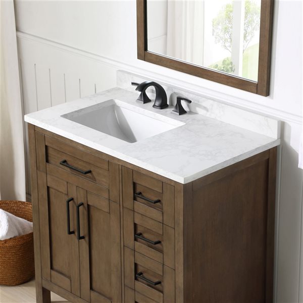 Meuble-lavabo simple latté amande à plan en similimarbre blanc Tahoe d'OVE Decors 36 l. x 21 p. x 34 po h.