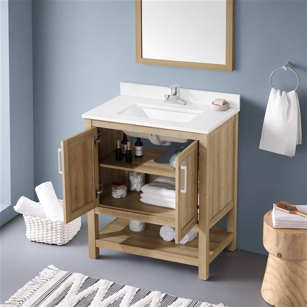 OVE Decors Vegas 30-in W x 19-in D x 34-in H Single Sink Bath Vanity in White Oak with White Engineered Stone Top