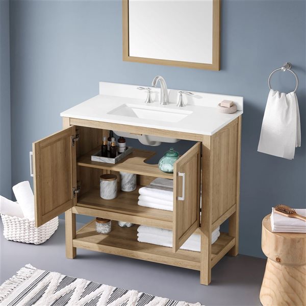 OVE Decors Vegas 36-in W x 19-in D x 34-in H Single Sink Bath Vanity in White Oak w/ White Engineered Stone Top