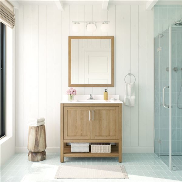 OVE Decors Vegas 36-in W x 19-in D x 34-in H Single Sink Bath Vanity in White Oak w/ White Engineered Stone Top