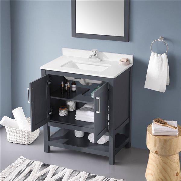 Meuble-lavabo gris charbon simple à plan en pierre d'ingénierie blanche Vegas d'OVE Decors, 30 l. x 19 p. x 34 po h.