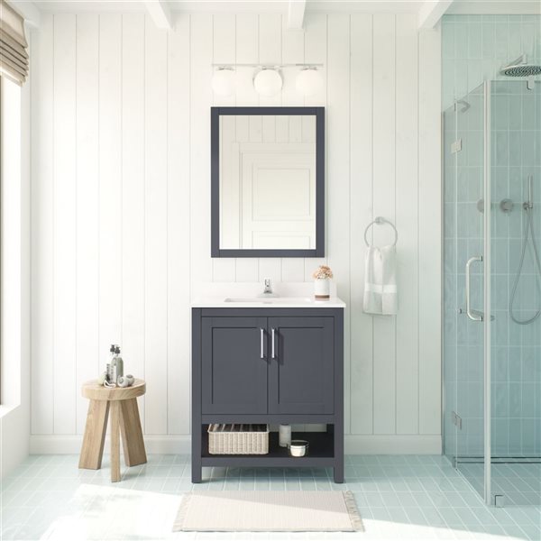 Meuble-lavabo gris charbon simple à plan en pierre d'ingénierie blanche Vegas d'OVE Decors, 30 l. x 19 p. x 34 po h.