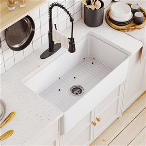Évier de cuisine en argile réfractaire à cuve unique, blanc brillant, avec grille d'égouttage et sous plan Clihome , 33 po