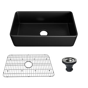 Clihome Matte Black Single Trough Refractory Clay Kitchen Sink with Drain Grid and Undermount - 33-in