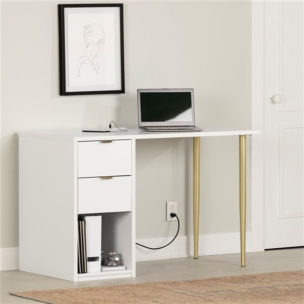 Bureau de travail avec barre d'alimentation intégrée Amyra de South Shore Blanc solide 47.5-po