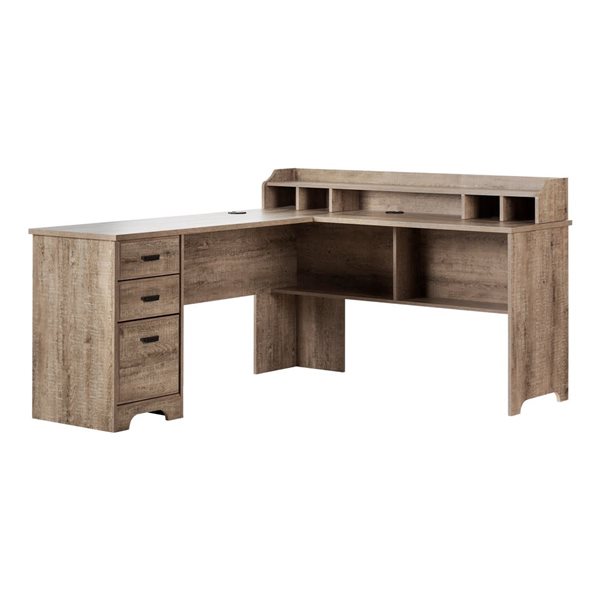 South Shore Versa Weathered Oak 59.5-in L-Shaped Desk with Removable Hutch