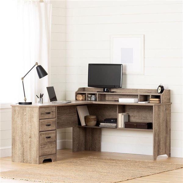 South Shore Versa Weathered Oak 59.5-in L-Shaped Desk with Removable Hutch