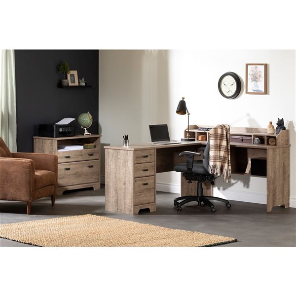 South Shore Versa Weathered Oak 59.5-in L-Shaped Desk with Removable Hutch