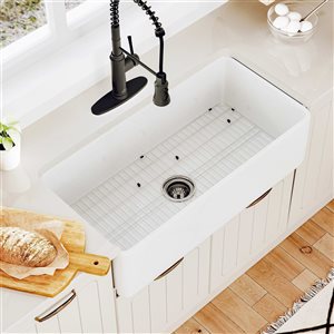 Évier de cuisine à cuve simple blanc brillant Clihome avec grille de drainage et sous plan, 36 po